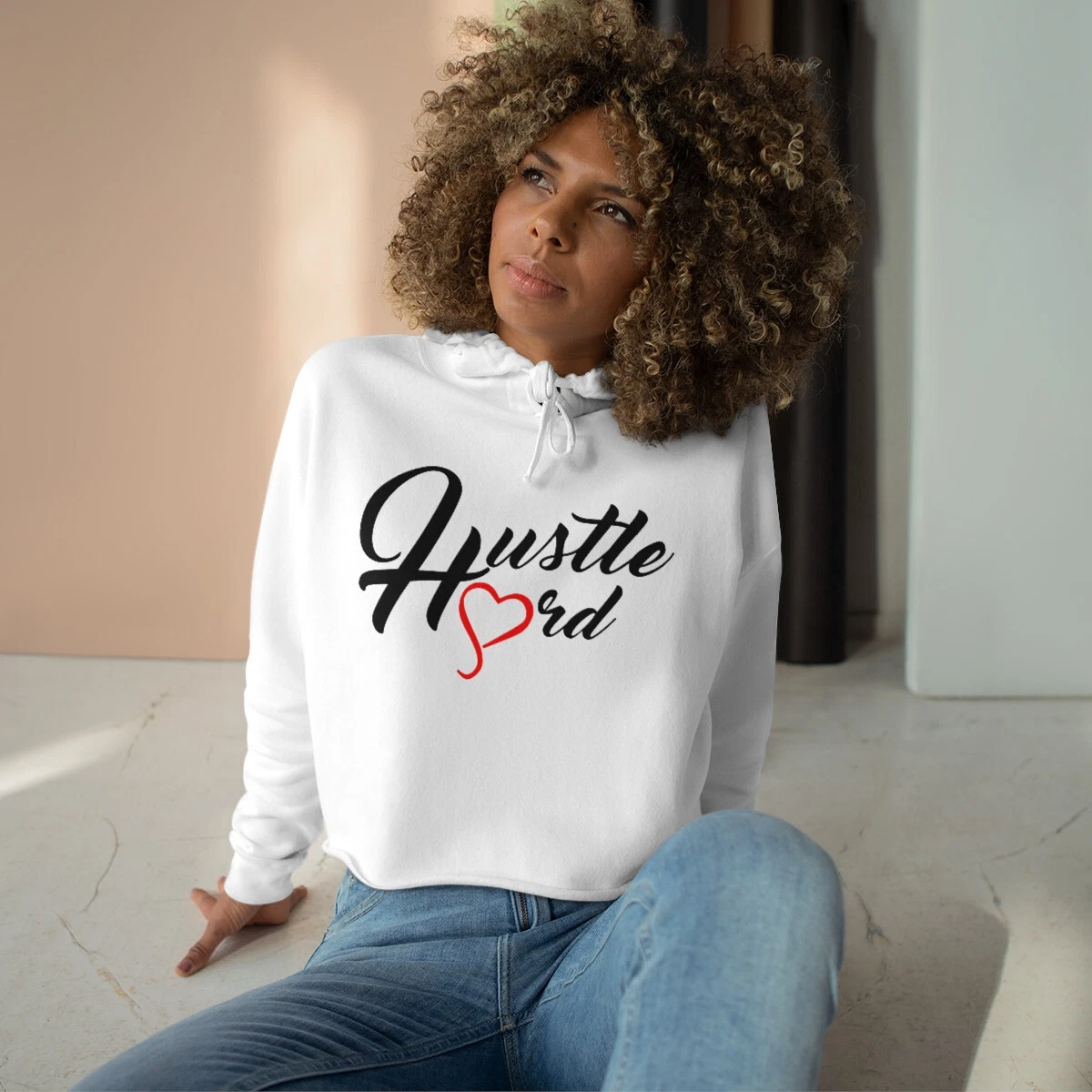 Women's Black/ White Hustle Hard Crop Hoodie