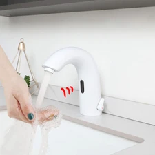 White Bathroom Automatic Mixer Hands Free Sensor Sink Faucet Lavatory Taps