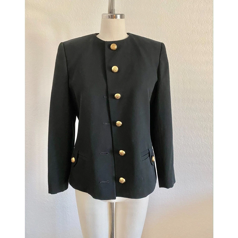 Black wool blazer suit jacket gold buttons sailor welt pockets work - Image 2 of 4