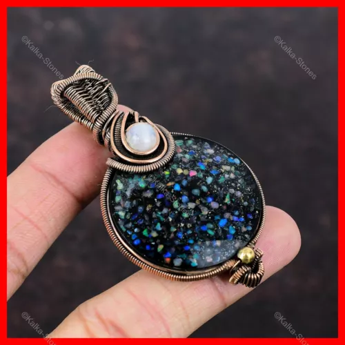 Black Ethiopian Opal Stone Rainbow Moonstone Copper Wire Wrapped Elegant Pendant