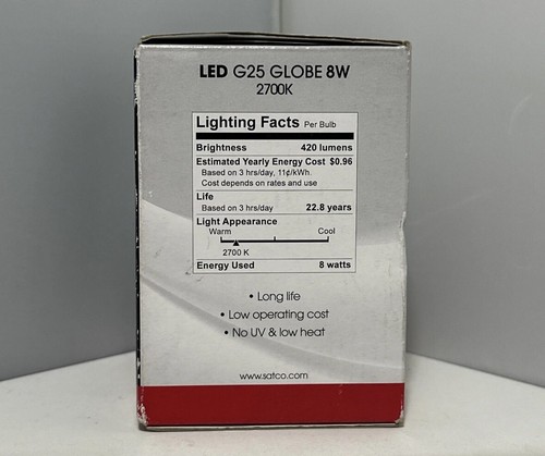 SATCO LED LIGHT BULB G25 Globe 8W Dimmable Warm White - Picture 2 of 3