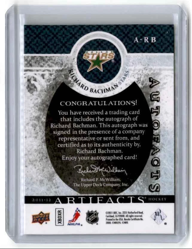 2011-12 Upper Deck Artifacts Autofacts Richard Bachman Auto Dallas Stars #A-RB - Image 2 of 2