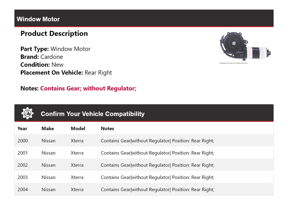 Motor ventana trasera derecha cardone 2001 2002 2003 Nissan Xterra 2000-2004 Foto 2 de 4