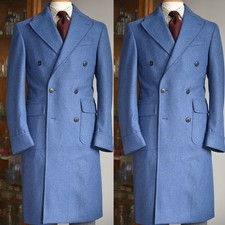 Blue Men's Overcoat Peak Lapel Double Breasted Casual Outdoor Winter Long Coat