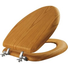 Elongated Toilet Seat Natural Oak Wood with Chrome Hinges
