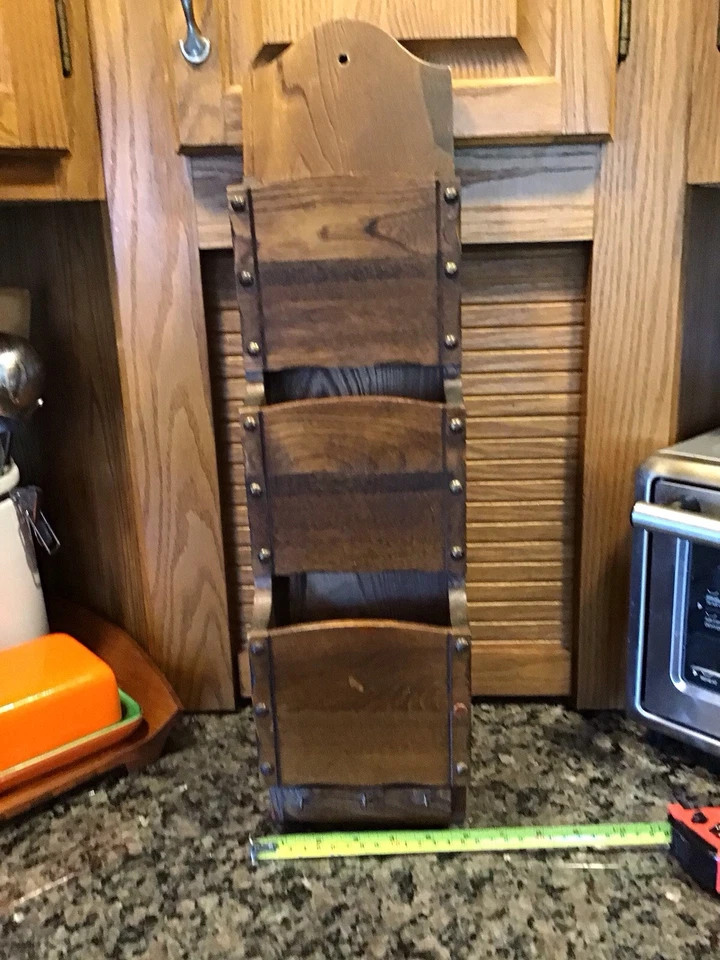 VINTAGE MCM TEAK Wood Letters Bills Organizer KEY HOOKS Wall Mount Mail Rack 22” - Image 2 of 4