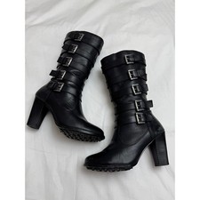 Harley-Davidson Black Leather Buckle Moto Boots Block Heel Y2K Biker Size 7.5