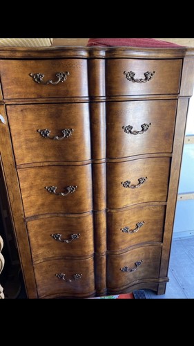 Vintage Serpentine Front 5-Drawer Tallboy Dresser Chest Warm Wood Finish