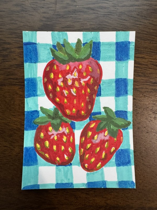 ACEO original acrylic Strawberries on blue gingham cottagecore 