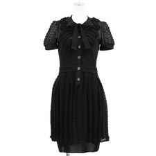 CHANEL Dress Knit Size36 Women P38456 RibbonTie Ribbed/Ruffle S/S Stretch Black