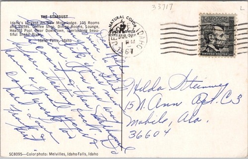 Vintage IDAHO FALLS, Idaho Postcard STARDUST MOTOR LODGE - 3 Views / 1967 Cancel - Picture 2 of 2
