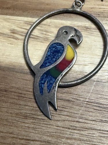 Silver Turquoise Parrot Bird Taxco Dangle Hook Earrings Enamel Macaw Mexico - Picture 2 of 6