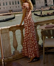 Women Doen Silk Floral Puff Sleeve A-line Slim Fit Midi Dress