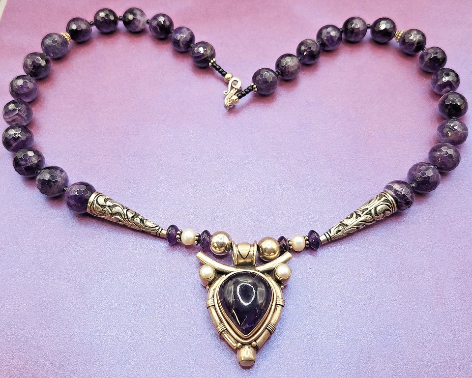 Vintage Sterling Silver Natural Purple Amethyst Beaded Pendant Necklace 25" - Image 2 of 4