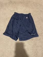 Vintage Champion Mesh Drawstring Gym Shorts Navy Blue Mens Medium 32-34 Spellout