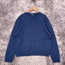 Vintage Polo Ralph Lauren Sweater XL Mens Lambs Wool Indigo Blue V Neck