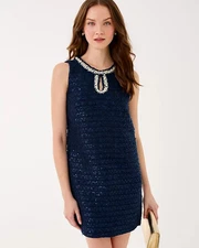 NWT Lilly Pulitzer Ronan Skirted Shift Romper in Low Tide Navy Lurex, Size !!.