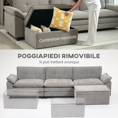 HOMCOM Divano Angolare Modulare con Pouf Contenitore in Ciniglia Grigio - Foto 7 di 10