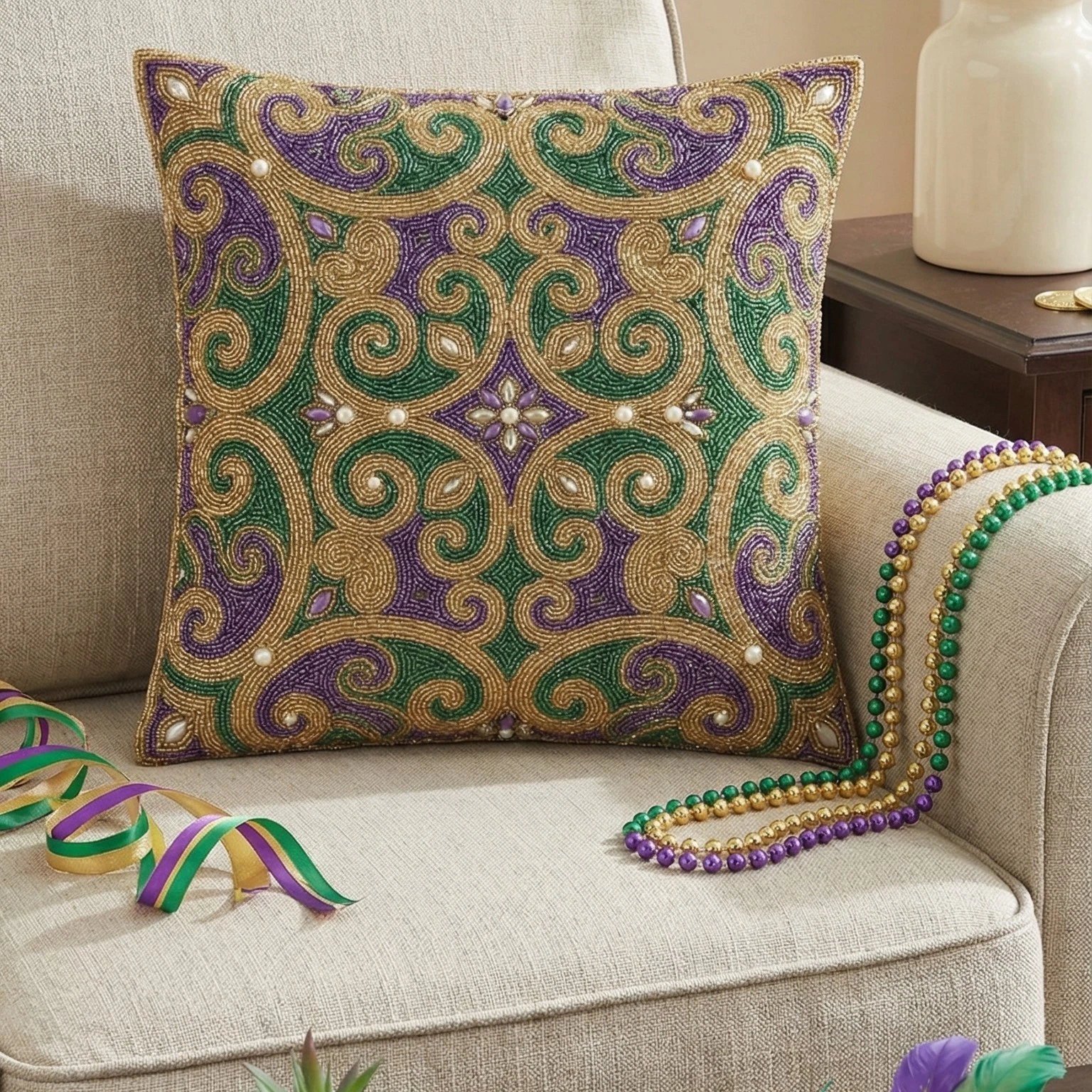 Mardi Gras Beaded Decorative Throw Pillow Cover - Luxury Festive Home Decor
Opens in a new window or