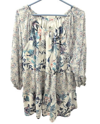 Cupio Womens 1X Boho Peasant Blouse Lined Blue Floral Long Sleeve Elastic Trim