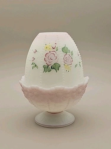 Fenton Frosted Satin Hand Painted Rose Garden Beaded Tea Light Fairy Lamp 6"