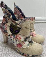 Irregular Choice Miaow Heeled Ankle Boots 38 / 7.5 Cat Floral Brocade Whimsy