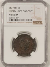 1837 HARD TIMES TOKEN, HT-42, LIBERTY, NOT ONE CENT FOR TRIBUTE - NGC AU-55 BN