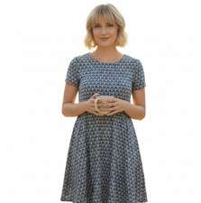 Talbots A-Line Swing Dress Size 12 Blue Fan Print Fit Flare Short Sleeve