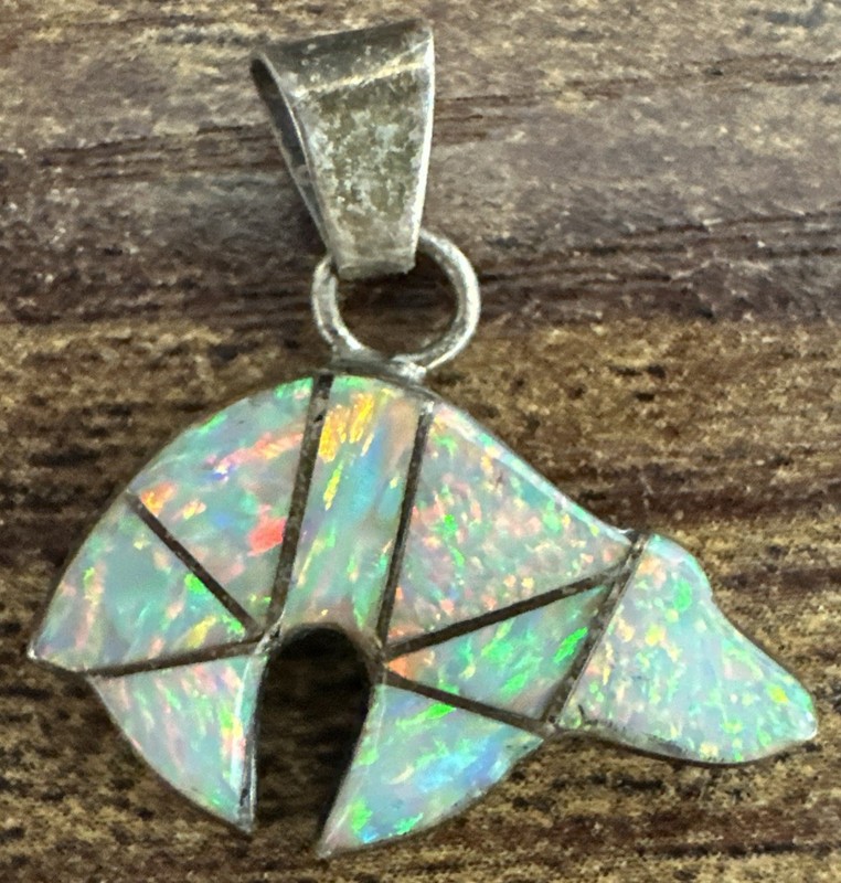 Navajo Tom Taylor Sterling Silver Natural Opal Bear Drop Pendant Signed
