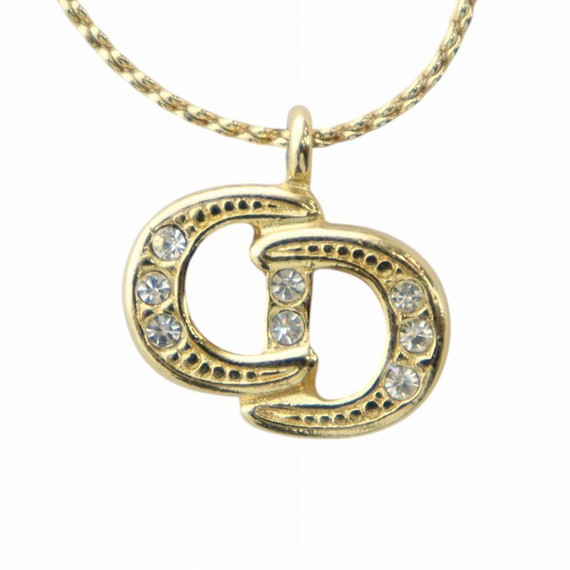Dior Logo Rhinestone Gold Pendant Necklace Accessory