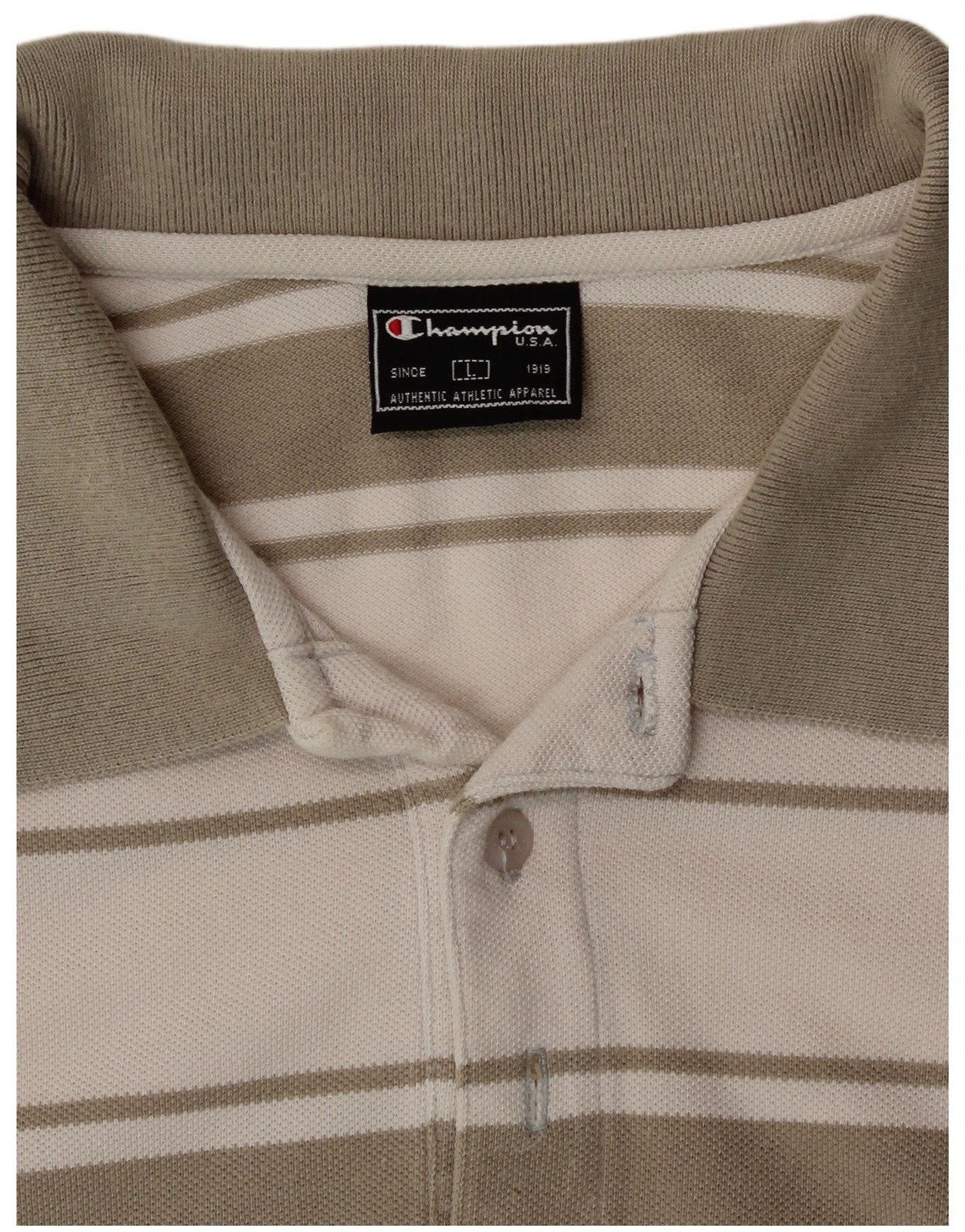 CHAMPION Mens Polo Shirt Large Off White Striped Cotton BJ04 thumbnail 3