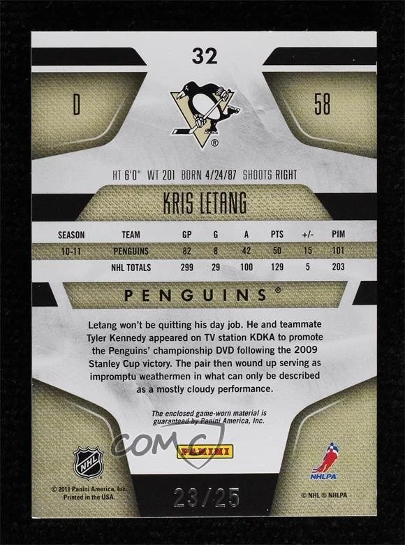 2011-12 Certified Mirror Gold Materials Prime /25 Kris Letang #32 - Image 2 of 2