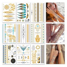 9 sheets 110 Metallic Temporary Tattoos for Adult Women Girls Tattoos Gold
