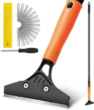 Razor Blade Floor Scraper with Long Handle, 4 Inch Large, Orange