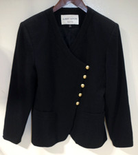 L - Albert Nipon Black Wool Crepe Blazer Jacket Gold Buttons Womens 6 Vintage