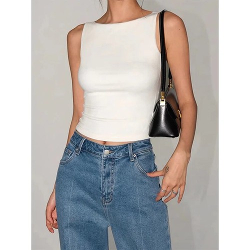 Camiseta sin mangas para mujer con cuello de barco de doble capa, camiseta suave ajustada - Imagen 13 de 28