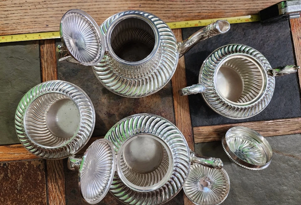 🔎HERMOSO JUEGO DE TÉ ESTRIADO ESPIRAL 4 PIEZAS SOLDADO PLATA 0770 GORHAM ANTIGUO 🍵 😋 Foto 4 de 4