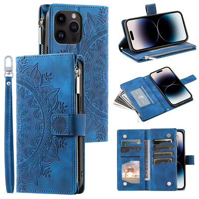Leather Zipper Wallet Shoulder Strap Case For iPhone 14 15 16 Pro Max 13 12 11
