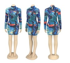 Women High Neck Long Sleeve Tie Dye Print Sexy Bandage Slim Party Mini Dress #S