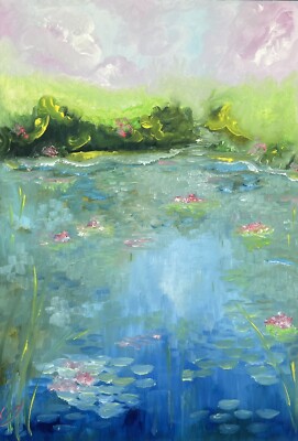 Pastell-Ölgemälde im Monet-Stil, Wanddekor Seerosen Abstrakt Minimalistisch