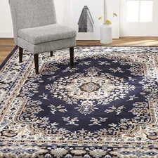 Premium Sakarya Traditional Medallion Border Area Rug, Navy Blue/Brown, 7'8"X10'
