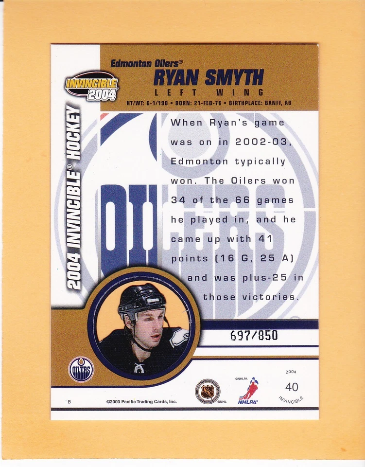 RYAN SMYTH 2003-04 PACIFIC INVINCIBLE RED PARALLEL SP 850 OILERS #40 NM-MT  A1 - Image 2 of 2
