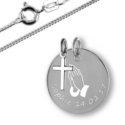 SILBERPOINT Kinderkette,Taufkette betende Hände mit Kreuz , Silber 925- inkl.Gravur-Neu