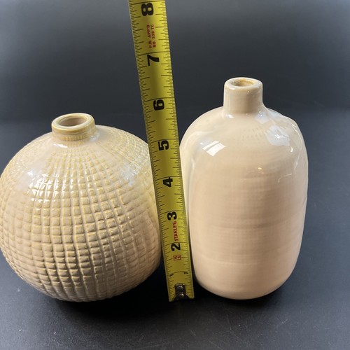 2 Crate & Barrel Pottery Bud Vase Beige Tan Glazed Set Country Modern Decor 5" - Picture 9 of 9