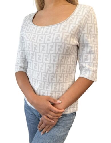 FENDI Vintage Zucca Monogram Logo Knit Top #42 3/4 Sleeve White Gray Cotton - Picture 2 of 12