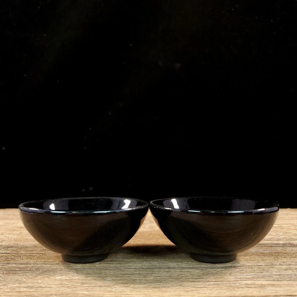 Par de tazas de porcelana marcadas Jianzhan de 3,9 pulgadas esmalte negro hojas doradas Foto 2 de 4