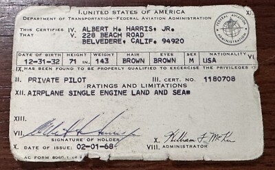 Private Pilot Certificate (Feb 1968) FAA USA Belvedere, CA Single Engine LAS