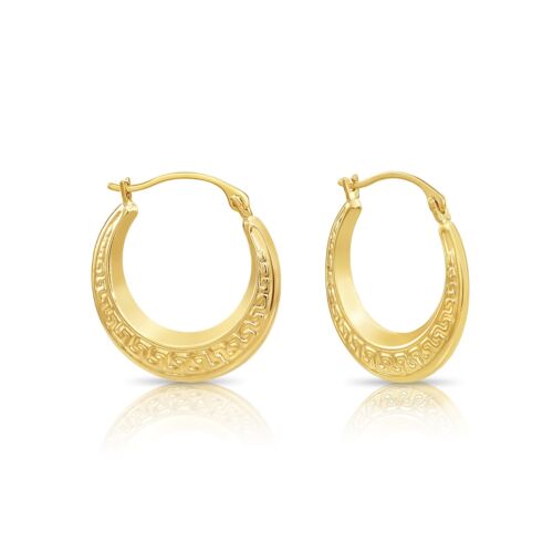14K Real Solid Yellow Gold Greek Key Curved Round Creole Hoop Earrings 16MM 18MM - Picture 10 of 11