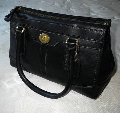 COACH HAMPTONS BLACK LEATHER MEDIUM CARRYALL TOTE BAG PURSE
