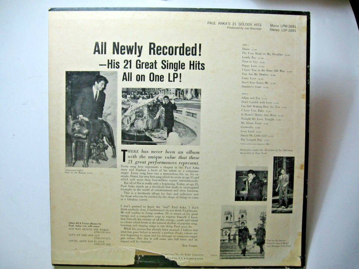 Paul Anka's 21 Golden Hits Long Play 33 1/3 RPM Record | eBay